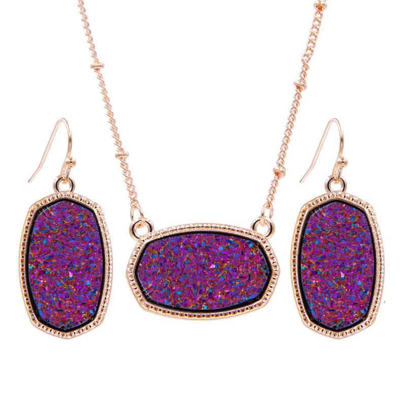 

Earrings & Necklace Oval Style Resin Druzy Drusy Pendant Hexagon Druse Charms Rose Gold Drop Fashion Jewelry Set GiftEarrings, As pic
