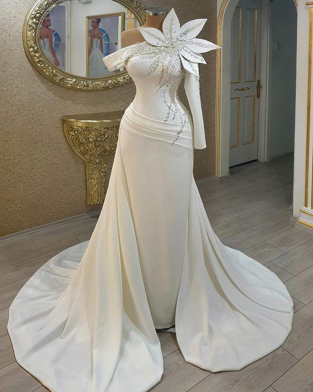 Robes de mariée sirène sexy, épaules dénudées, manches longues, vêtements de cérémonie de mariée en cristal, 2022