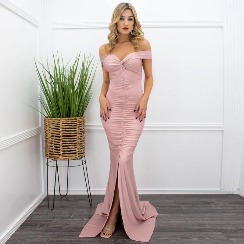 Robes décontractées femmes robe de soirée élégante épaules dénudées dos nu plissé fente robe de Cocktail moulanteDécontracté