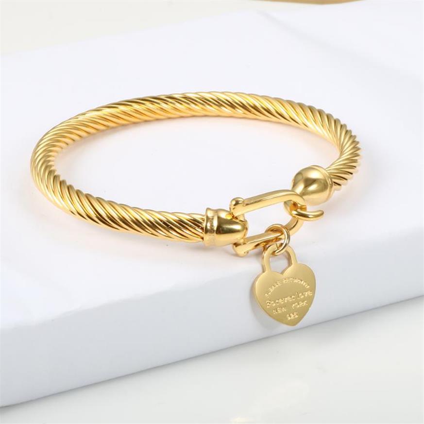 Titanium Steel Cable Wire Gold Color Love Heart Charm Bangle Bracelet With Hook Closure For Women Men Wedding Jewelry Gifts328M