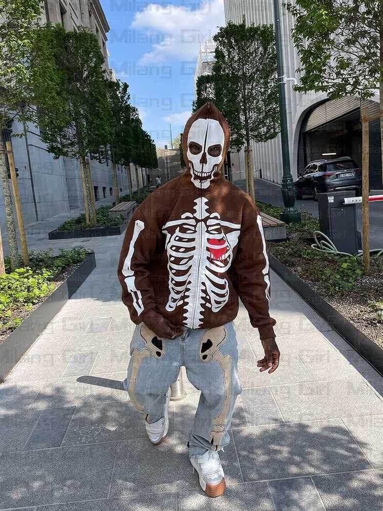 

Men' Hoodies & Sweatshirts Gothic Skeleton Graphic Men' Zip Up Harajuku Punk Fashion Y2K Sweatshirt Full Zipper Oversized Streetwear, Brown