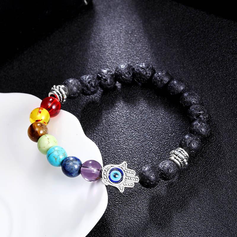 

7 Chakra Charms Lava Strands Rock Bracelets For Men Women Evil Natural Stone Beads Eye Hand Of Fatima Hamsa Bracelet
