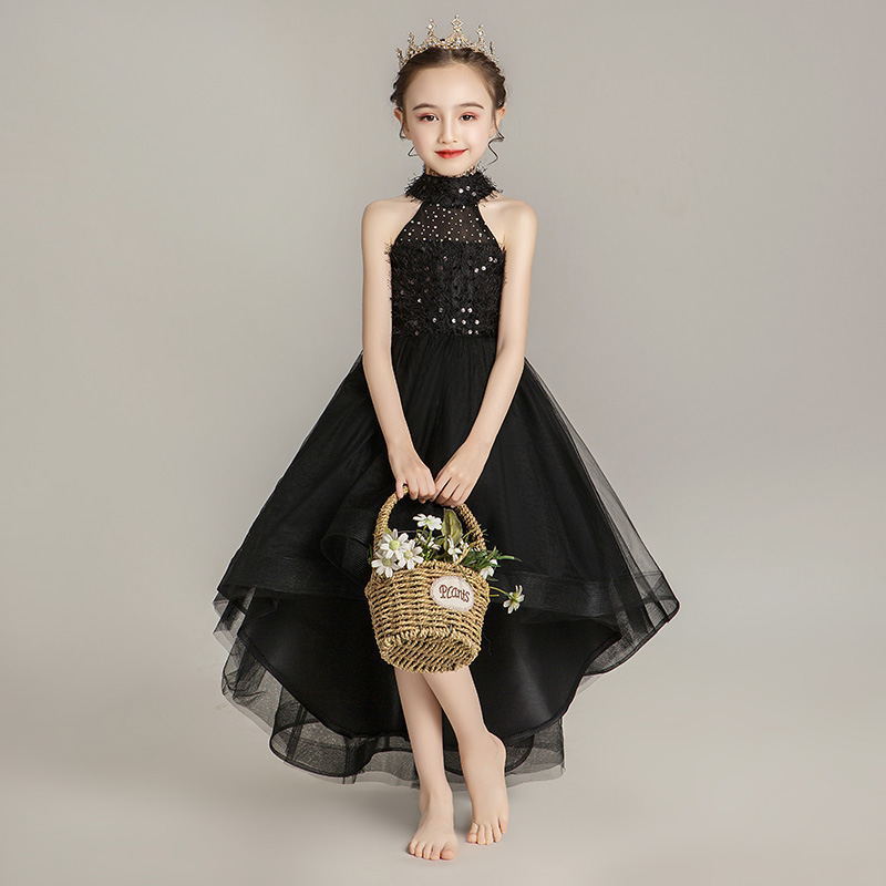 Belle dentelle robe de demoiselle d'honneur arcs enfants première communion robe princesse haut bas paillettes formelle tulle robe de bal robe de
