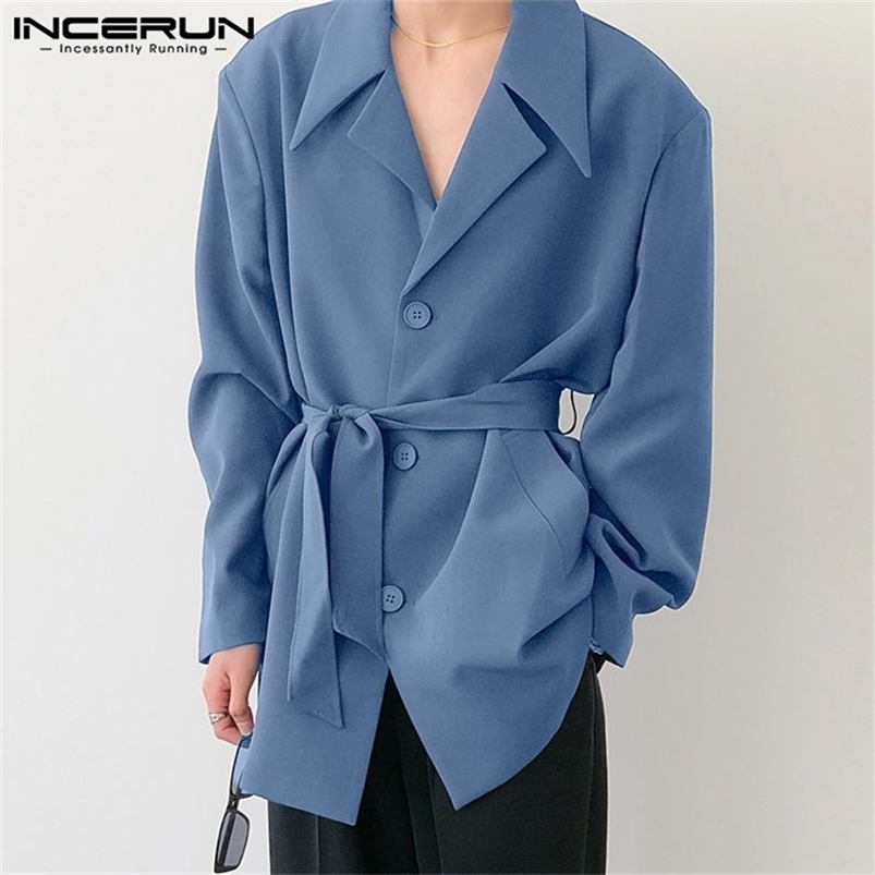 Mode hommes Blazer couleur unie revers à manches longues Streetwear costumes décontractés avec bouton de ceinture vestes minces INCERUN S 5XL 220