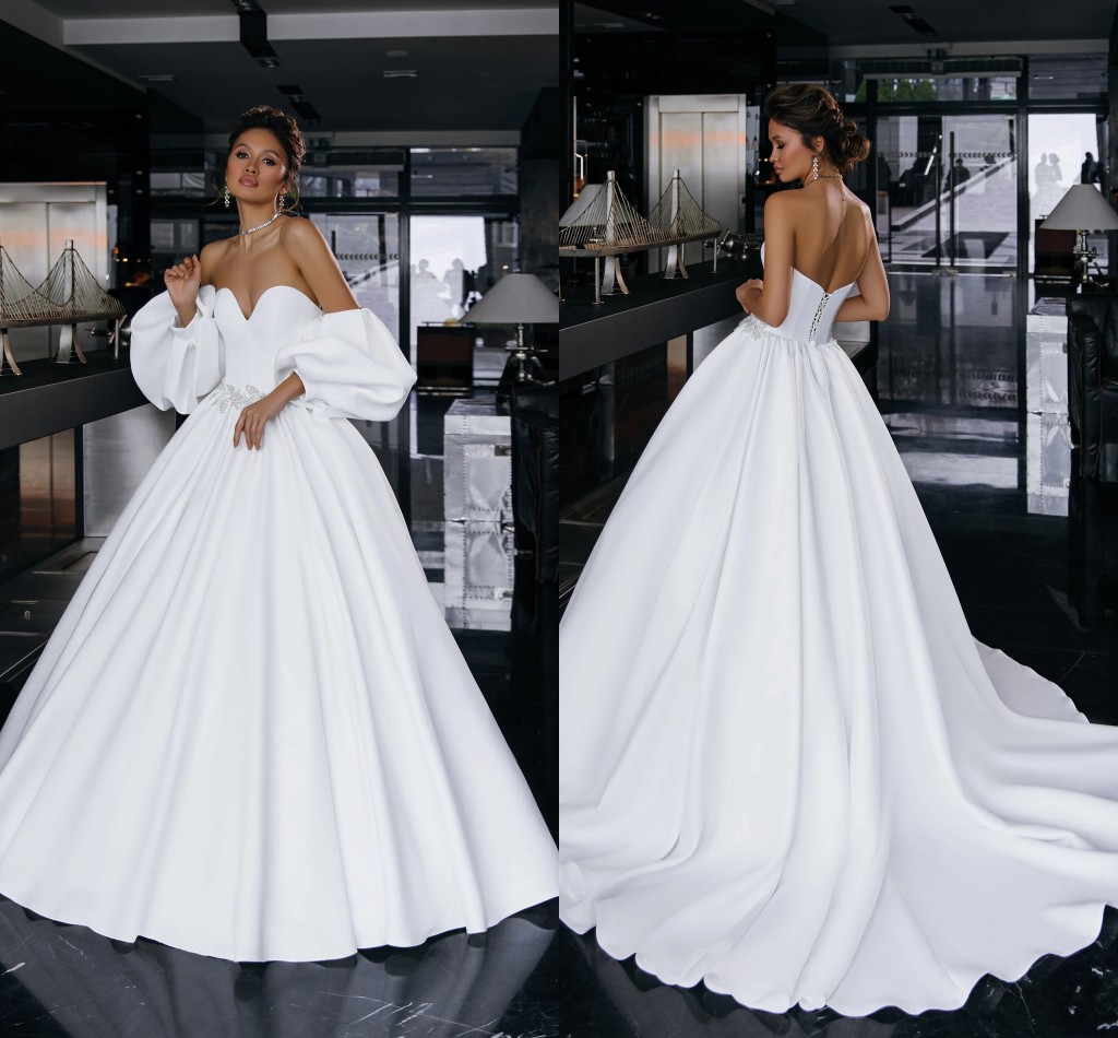 Robes de mariée robe de bal princesse en satin modeste avec manches bouffantes détachables chérie dos nu dentelle appliques perles Boho robes de