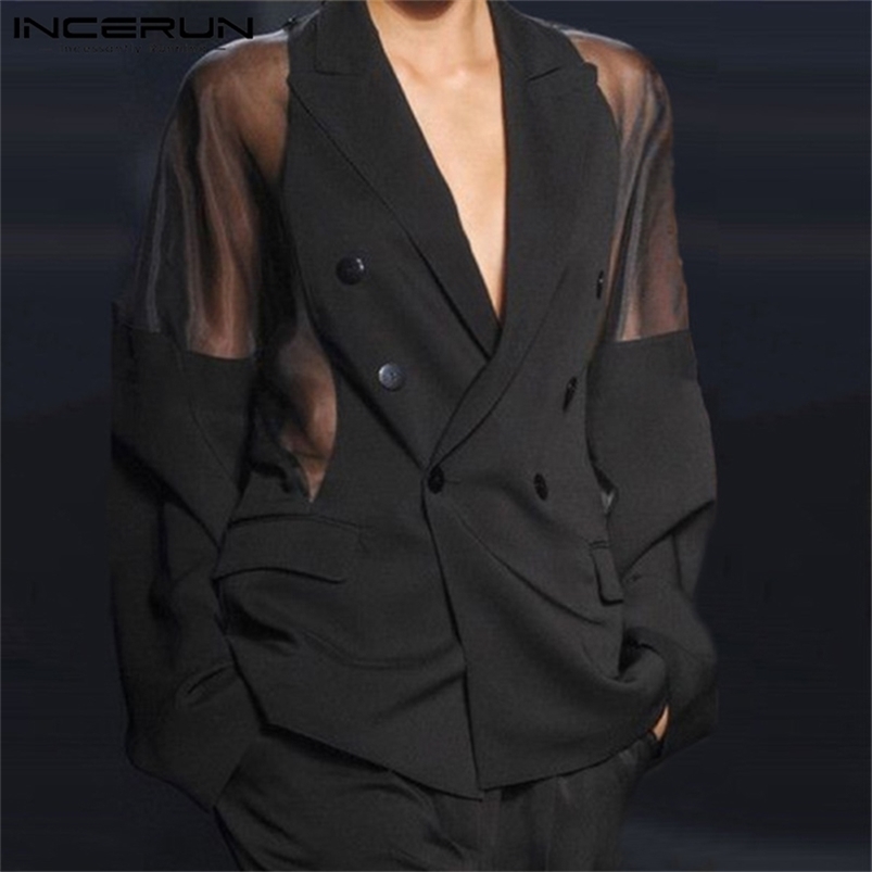 

Men Blazer Mesh Patchwork See Through Streetwear Double Breasted Lapel Long Sleeve Outerwear Fashion Casual Suits INCERUN 220822, Black 1