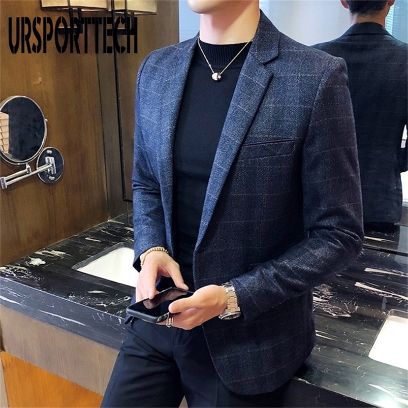 URSPORTTECH Blazer pour hommes Style britannique Casual Slim Fit Veste de costume Homme Plaid Blazers Hommes Manteau Terno Masculino Plus Taille