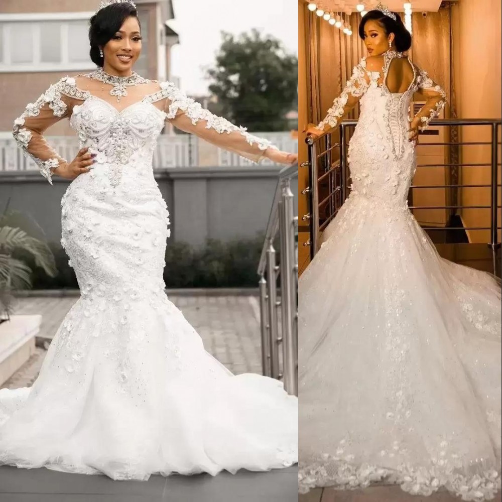 2022 robes de mariée sirène Vintage robes col haut illusion manches longues longueur de plancher 3D fleurs florales cristal perlé dos ouvert occa