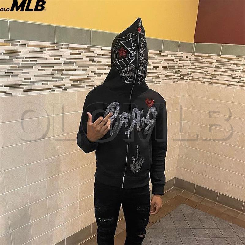 

full Zip up Hoodie Y2K Men Streetwear Long Sleeve rhinestones spider web goth Sweatshirt Oversized emo Clothing Sweater 220822, Black