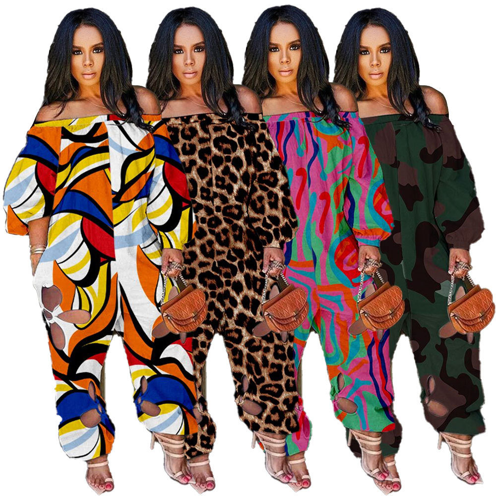 

plus size womens jumpsuits leopard pattern printed one-piece jumpsuit romper autumn clothes, Rose red