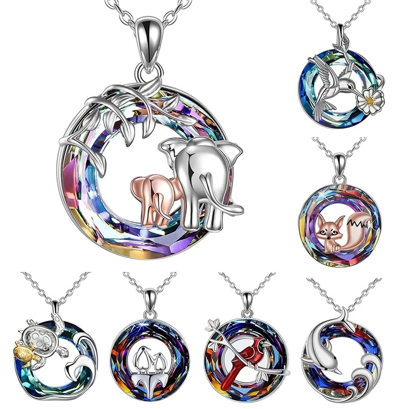 

Tree Of Life Necklace Dolphin/Magpie/Elephant/Tortoise/Penguin Necklace Circle Multicolor Crystal Pendant Family Jewelry