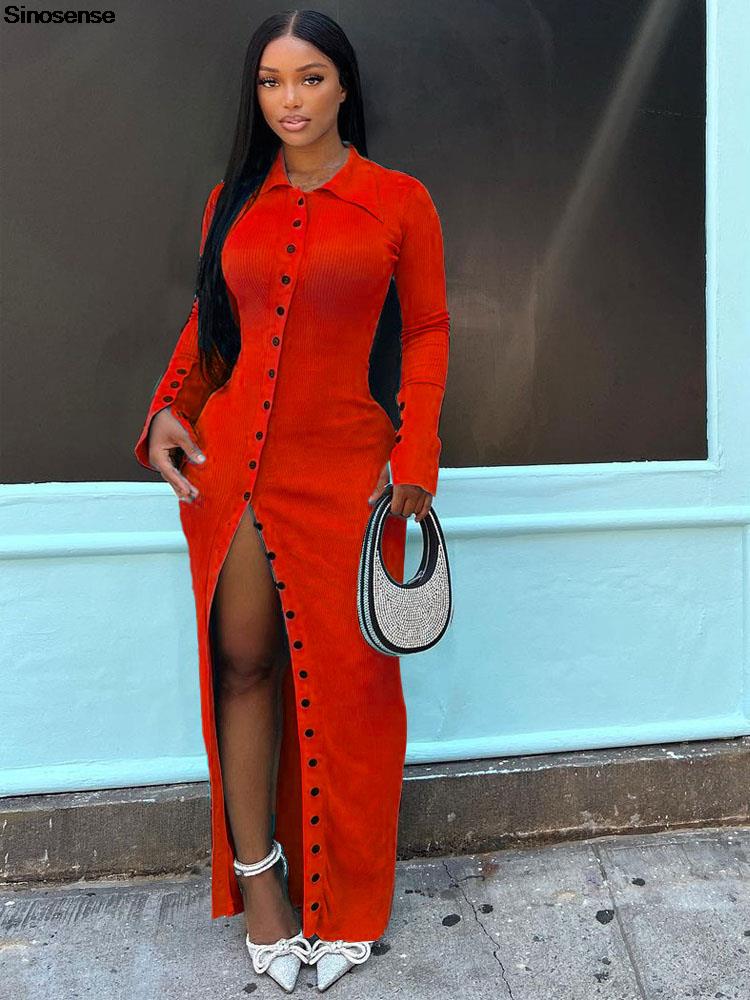 Robes Décontractées Femmes Côtelé Tricoté Survêtement Pull Robe Sexy Split Boutonné À Manches Longues Printemps Automne Moulante Fête Maxi DressC