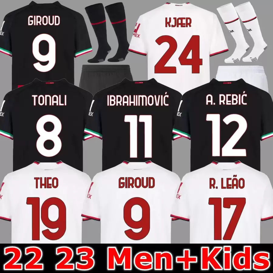

IBRAHIMOVIC 21 22 23 soccer jerseys AC MILANS GIROUD R. LEAO BENNACER KESSIE ROMAGNOLI CALHANOGLU TONALI REBIC 2022 2023 football shirt maillot men kids kit away, 22 23 home aldult