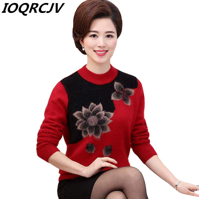 Women's Sweaters Autumn Warm Pullovers Sweater Middle-Aged Women Flower Printed Long Sleeve Female O-neck Wool Knit ShirtWomen's