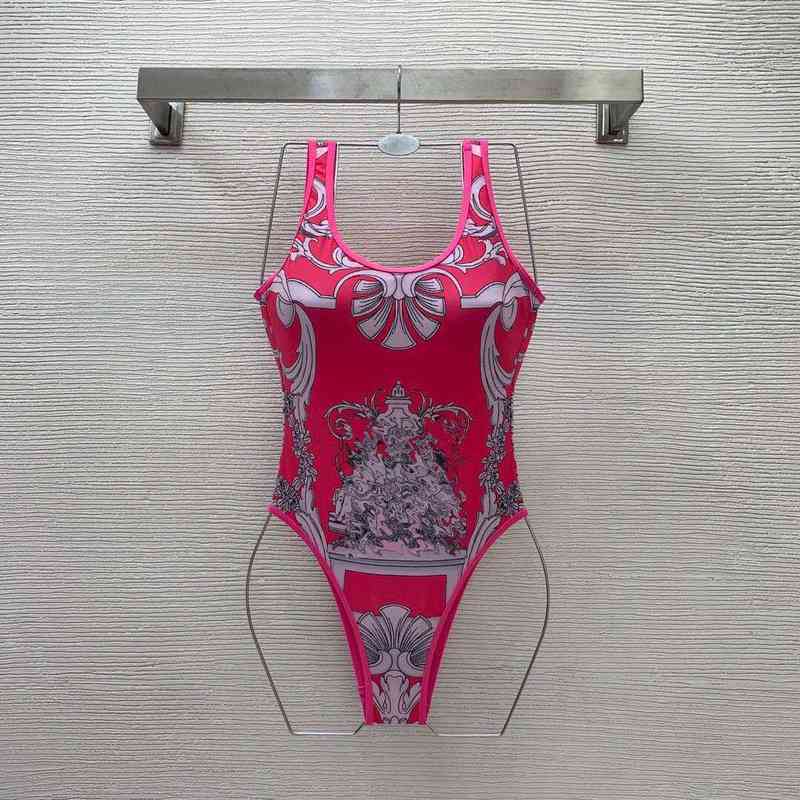 

Women' new portrait print U-neck open back one-piece hot spring swimming pool swimsuit with breast pad, Pink