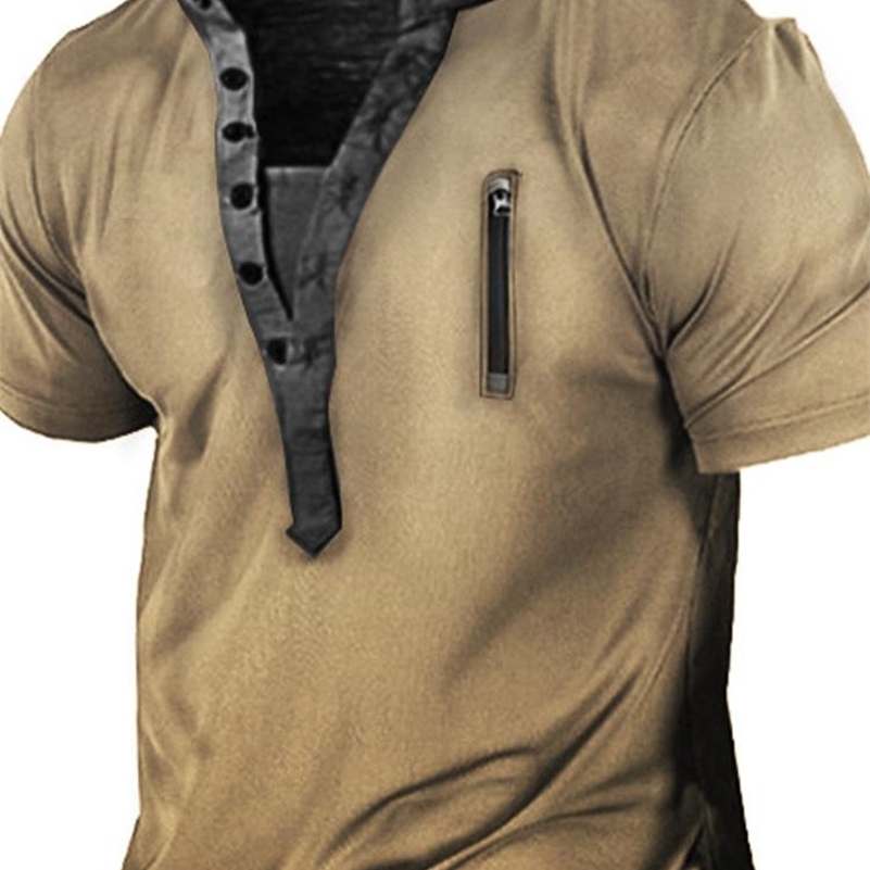 Summer Short Sleeve Casual Mens T-shirts Button-up Stand Collar Loose Pullover Tops For Men Clothing Vintage Patchwork Tee Shirt 220822