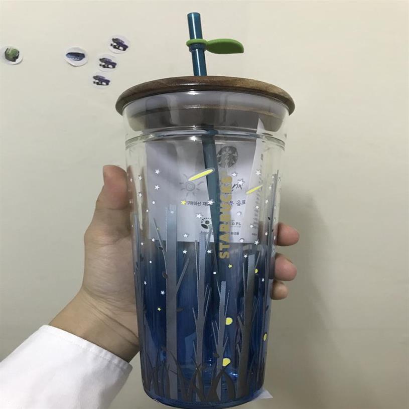 

Limited Edition Starbucks Mugs Wooden Lid Starry Sky Firefly Glass Straw Cup Large Capacity336C, As shown