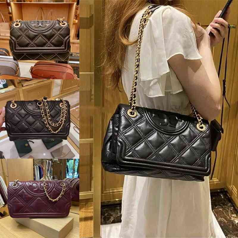 

TorysBurchs Designer Handbags Tb Women's Bag Fleming Sheepskin Lingge Single Chain High Texture Baita Small Crowd Shoulder Crossbody, Black large size 28 * 9.5 * 18