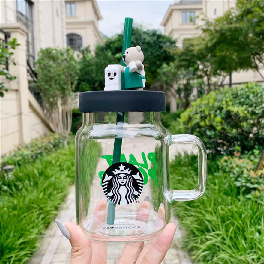 

Starbucks 2020 cup environmental season green apron bear Mason cup straw transparent glass 600ml handy cup293f, Yellow