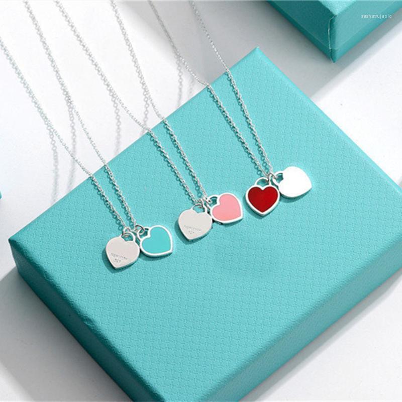 

Pendant Necklaces Sterling Silver Enamel Love Necklace Women's Fashion Classic Blue Heart Pink Clavicle ChainPendant
