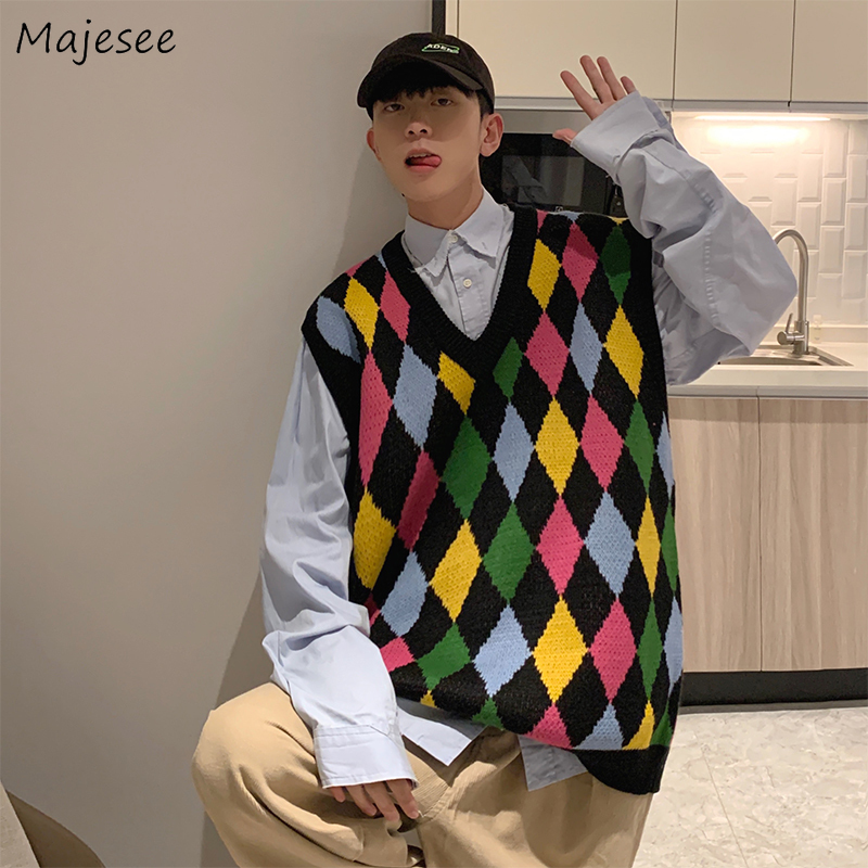 Pull gilet hommes arc-en-ciel Argyle automne à la mode sans manches tricoté mode beau vêtements d'extérieur col en v lâche Harajuku Chandails rét