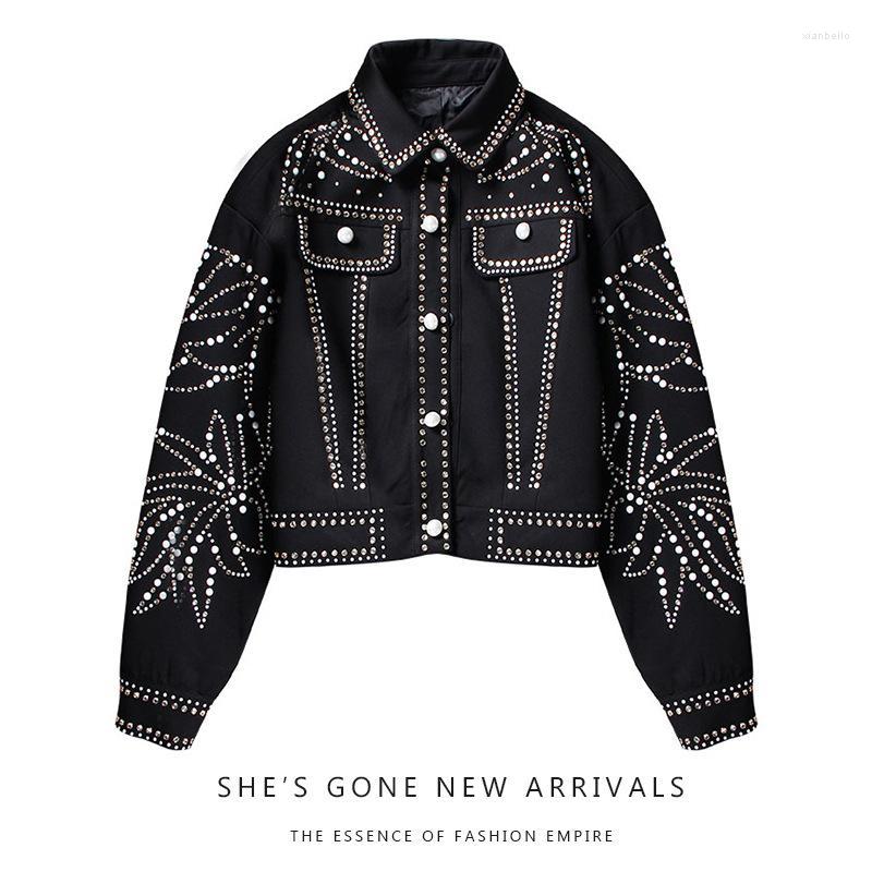 Vestes pour femmes Mode féminine Cool Slim Fit Court Bling Strass Cristaux Or Diamant Perles Noir Snap Peals Boutons Denim Veste Manteau