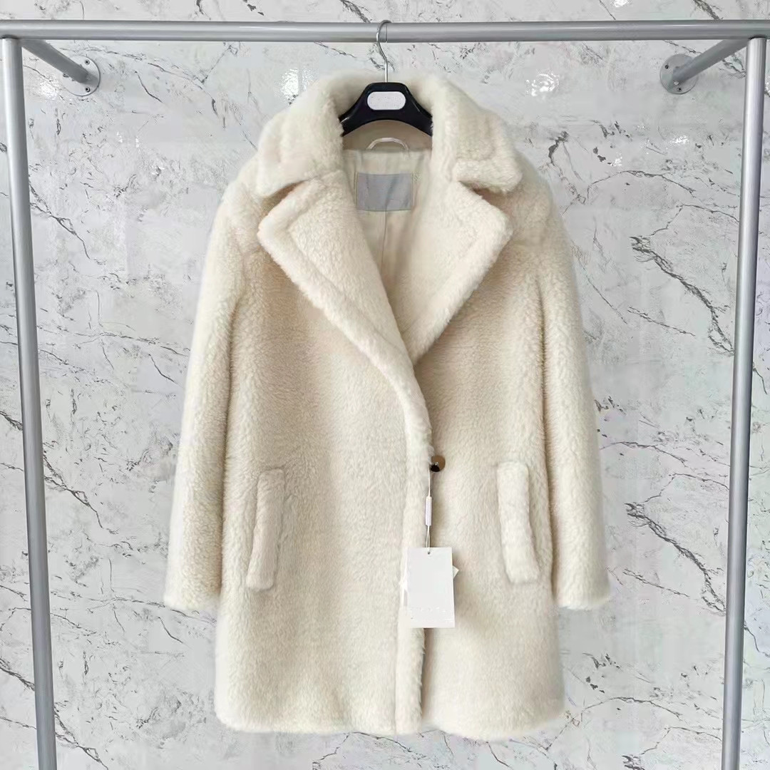

White MM Teddy Orchis Alpaca Fur Women Coats a Lapel Collar Button Outerwear Ladies Coat Polyester Inside lining, Sand