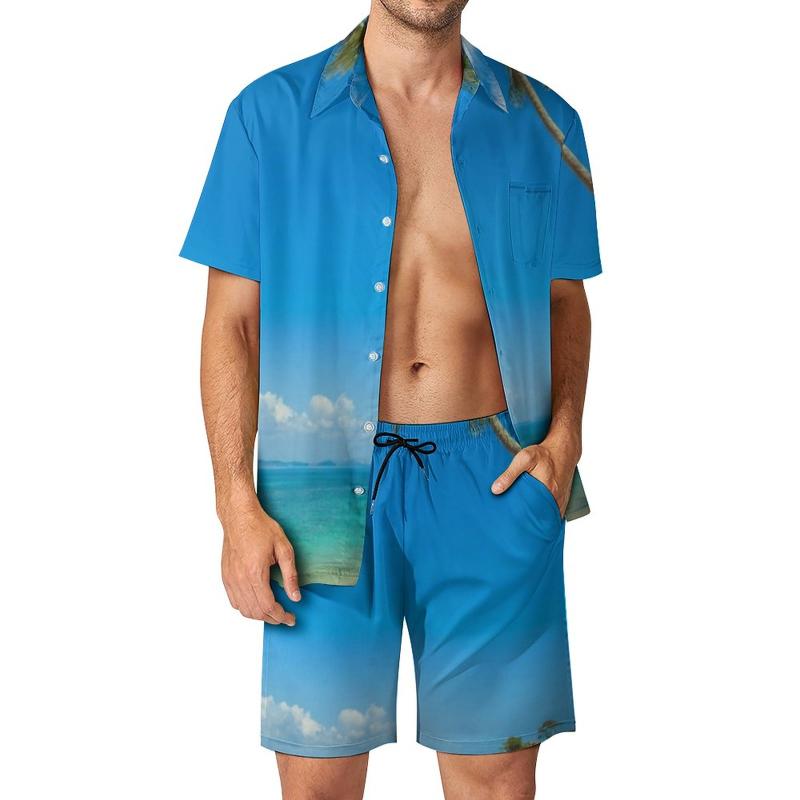 Survêtements pour hommes Blue Beach Outdoor Hommes Ensembles Palmiers tropicaux Chemise décontractée Ensemble d'été Shorts Deux pièces Costume à