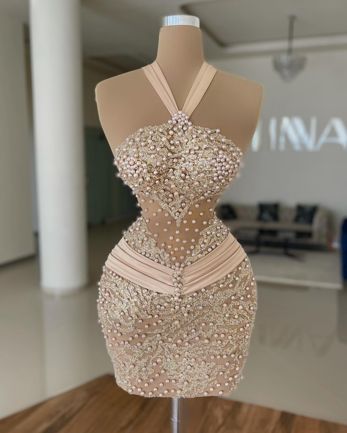 Perles sexy robes de cocktail licou cou paillettes perlées femmes robe de bal Champagne robes de soirée