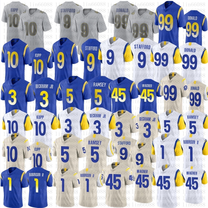 

10 Cooper Kupp 99 Aaron Donald Football jersey Men Odell Beckham Jr Matthew Stafford Bobby Wagner Jalen Ramsey Allen Robinson II white blue Gray Fashion