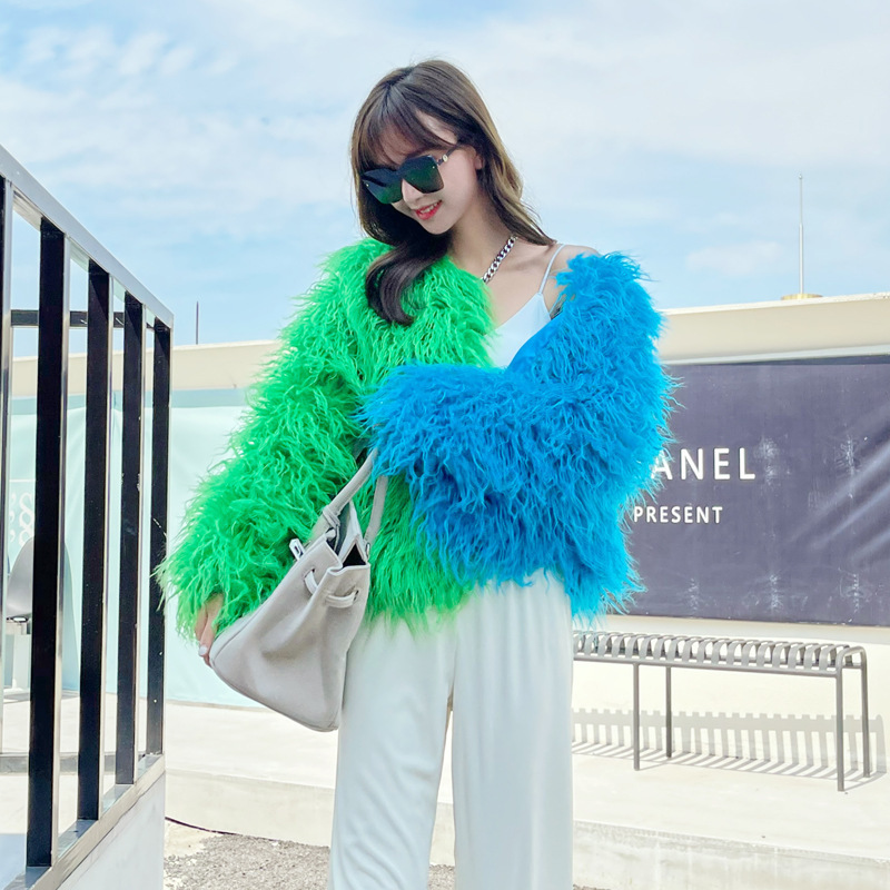 Haute rue arrivée femmes épissé couleurs fausse fourrure manteau femme à manches longues Oneck moelleux mongolie mouton ry veste 220822