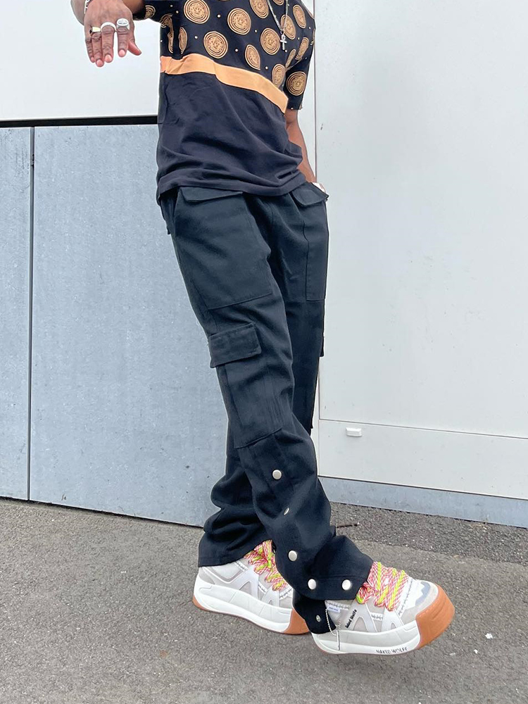 Men's Pants Black Cargo Men Latest Design Side Button Up Split Casual Trousers Streetwear Y2K Fashion Regular Fit Straight Slit JeansMen