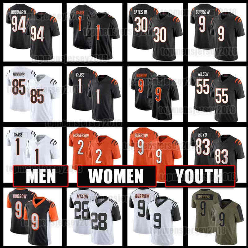

9 Joe Burrow Jersey 1 JaMarr Chase Mixon Tee Higgins Football Sam Hubbard Evan McPherson Logan Wilson Jessie Bates III Trey Hendrickson Cincinnati Bengals Tyler Boyd, Women new jersey(mh)+patch