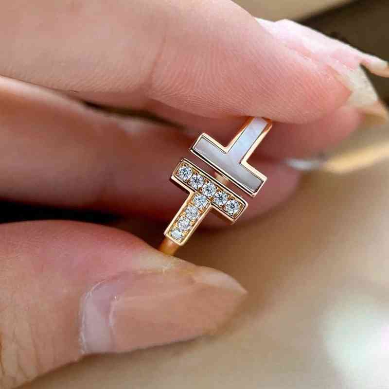 

Hot Selling Tiffy 2022 Women Original Steel Seal High Version Double T-card Home Ring Opening White Fritillaria Inlaid with Diamond S925