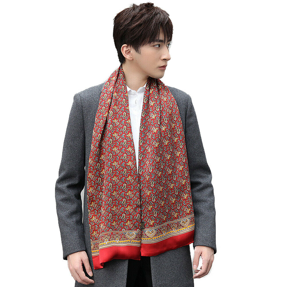 Men's 100% Silk Scarf Paisley Long Double Layer Neckerchief Grey Red Brown Black