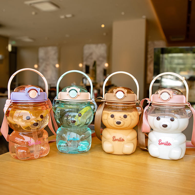 

1000ml Water Bottle Cute Kids School Outdoor With Straw Portable Strap Plastic, Customize