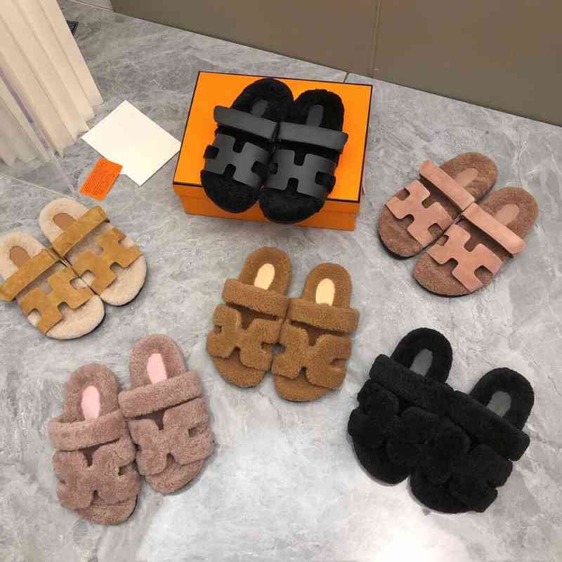

Herme Designer Slippers Chypre Sandals 2022 autumn and winter H wool Teddy fur one wool warm casual thick soled second uncle, Light brown