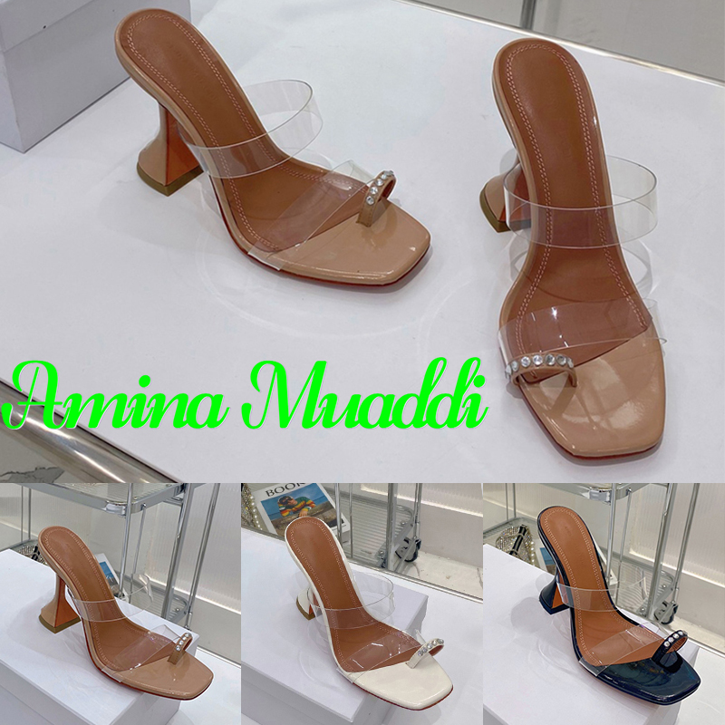 

Designer Amina Muaddi Women Slide Sandals high Heel Sami 95 PVC Lambskin Patent Leather Sandal, Shoes box