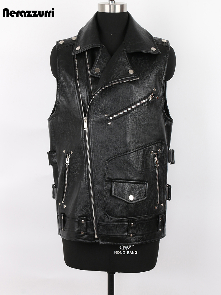 Mauroicardi Automne Noir Moto En Cuir Gilet Hommes Zipper Poches Plus La Taille Faux Cuir Biker Veste Sans Manches 4xl 5xl 220822
