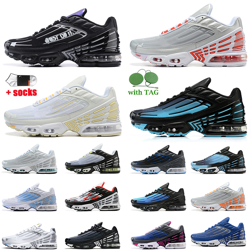Tn Plus 3 Femmes Hommes Runnng Chaussures Avec Chaussettes Tuned III tns Outdoor Jogging Sports Laser Bleu OG Noir Blanc Ruban Violet Or Loup Gri