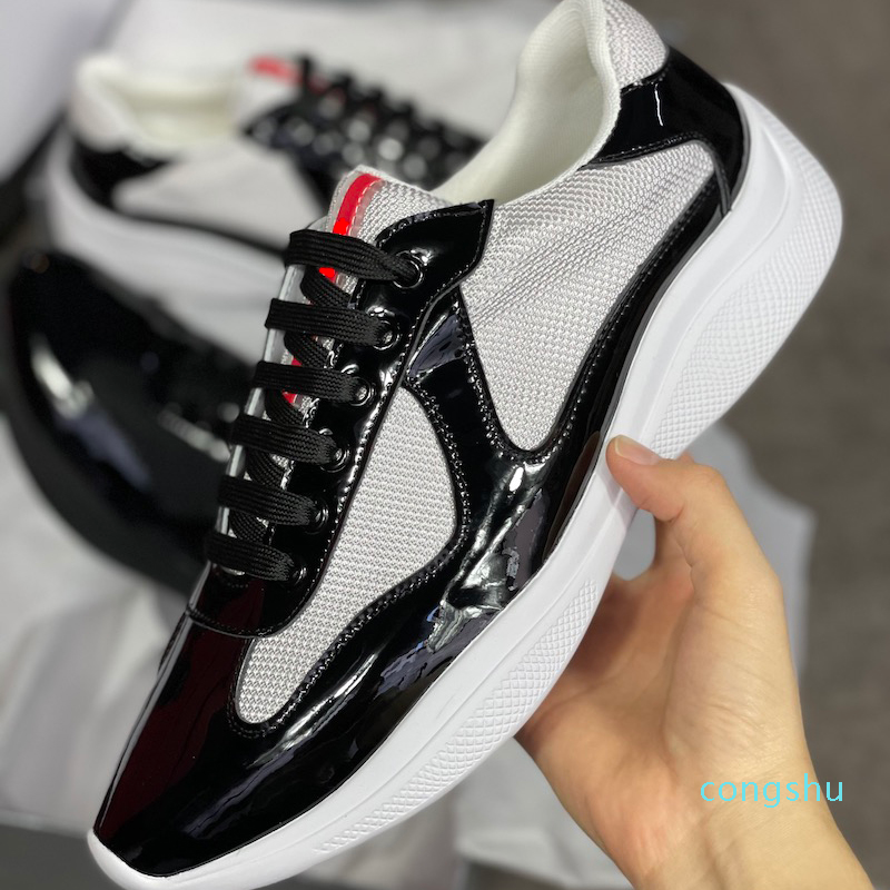 

2022 Men America'S Cup Leather Sneakers Casual Shoes Patent Flat Trainers Black, Color 19