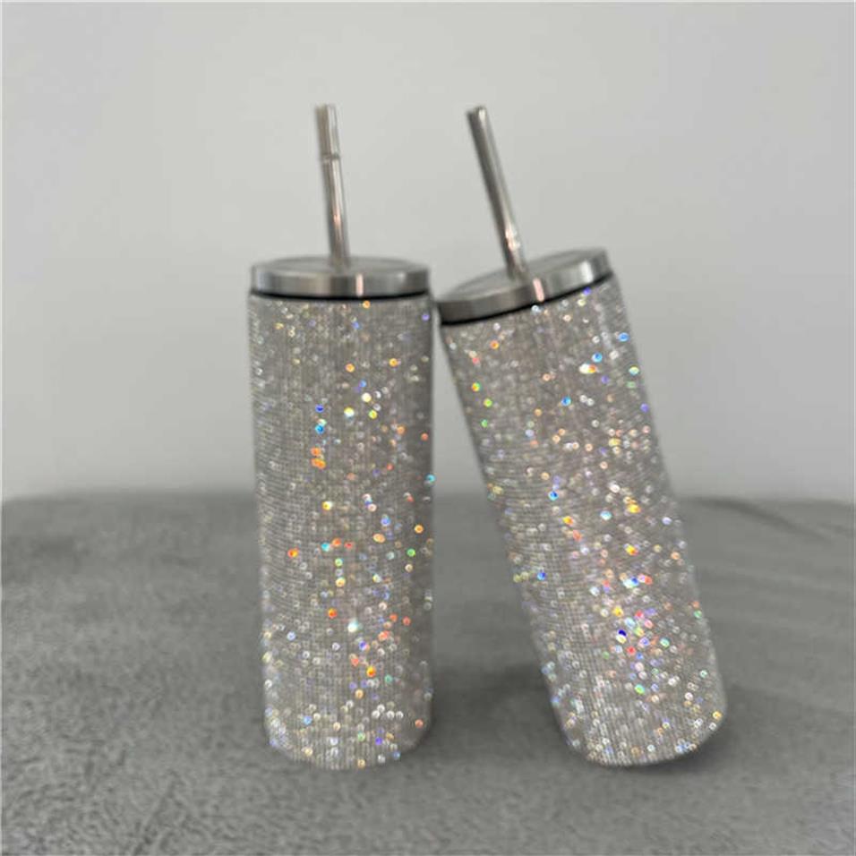 

20oz Bling Diamond Thermos Bottle Coffee Cup with Straw Stainless Steel Water Tumblers Mug Girl Women Gift250S, Silver