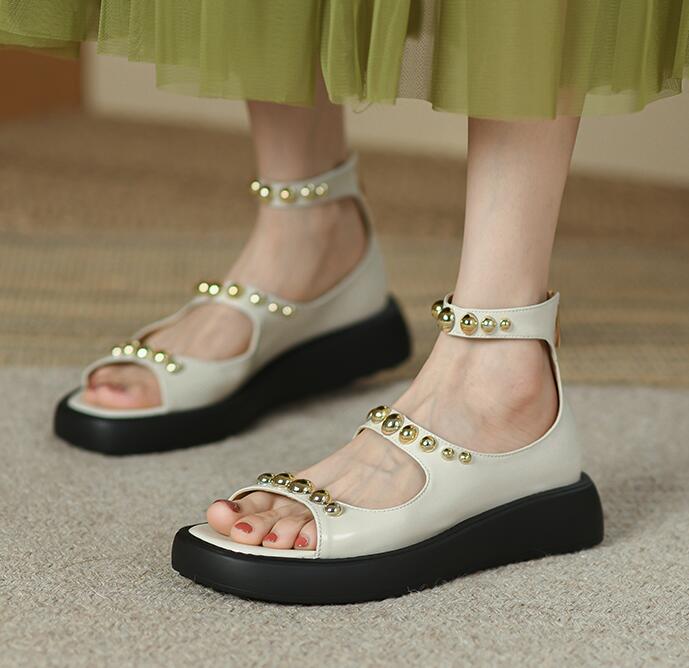 

Luxury Designer Top Grade women summer Dress Shoes flats Rivet sandals zip platform open toe luxury Wedding Black Genuine Leather Sandals Party prom shoe, Clear