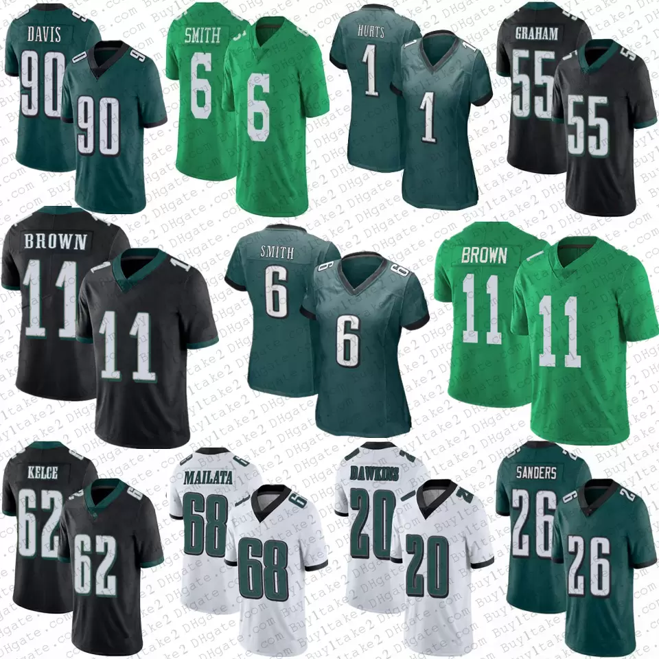 

11 AJ Brown 6 DeVonta Smith 90 Davis 7 Michael Vick Custom Football Jerseys 68 Mailata Jalen Hurts Miles Sanders Brian Dawkins Jason Kelce Fletcher Cox Donovan McNabb, Women4