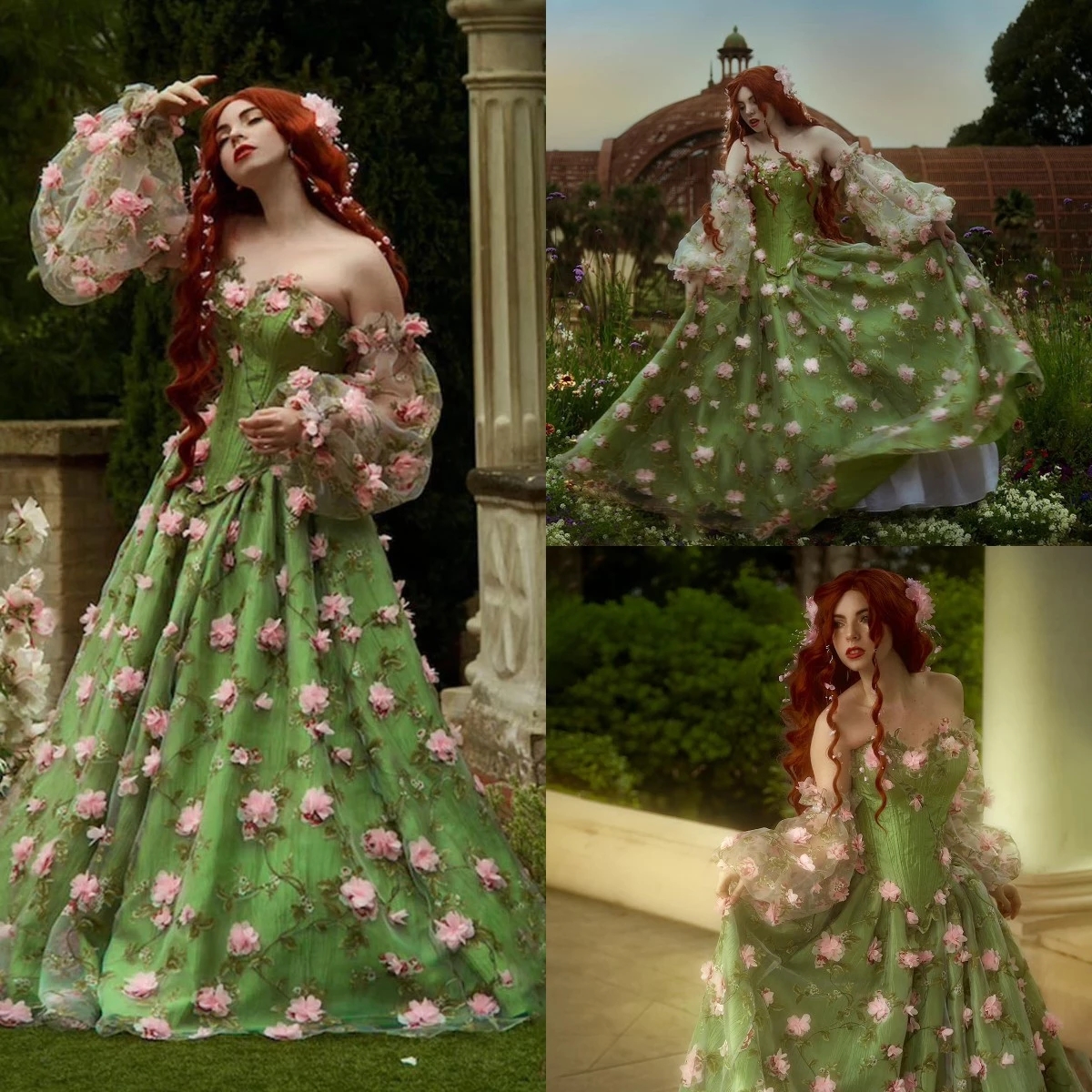 Robes de bal de jardin rural floral manches longues appliques longueur de plancher robe de soirée colorée