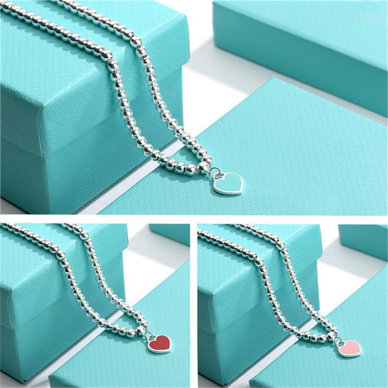 

Pendant Necklaces Lady's Round Bead Necklace 925 Sterling Silver Heart-shaped Enamel Jewelry European And American Holiday Party