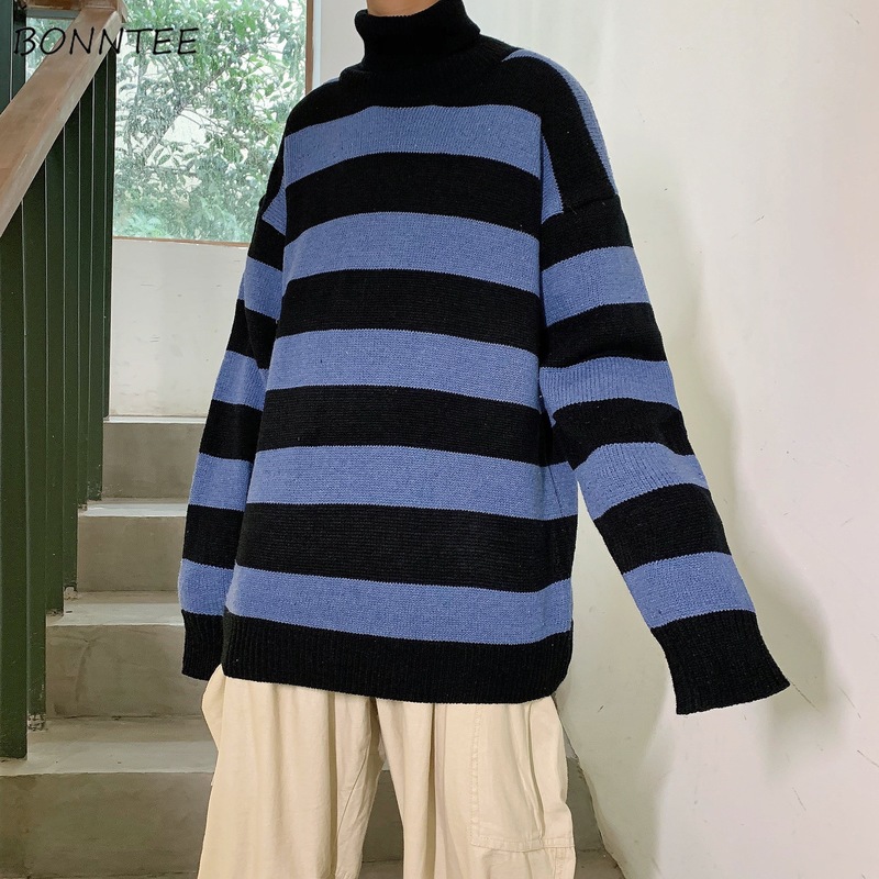 Turtleneck Pullovers Men Loose Vintage Striped Oversized Sweaters Warm Allmatch Winter Stylish Streetwear Teens Casual Simple 220822