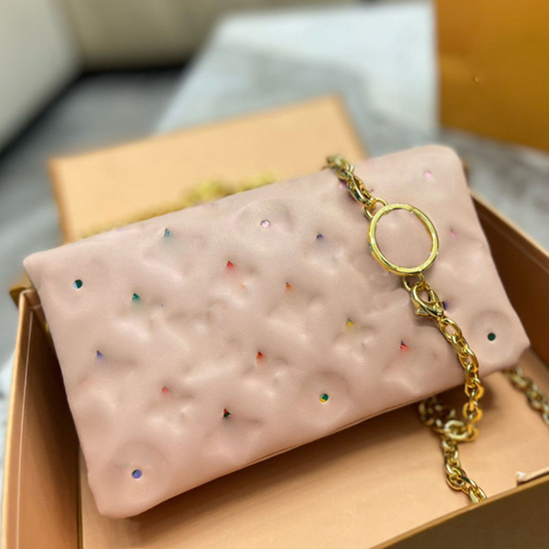 

Chains Coussin Crossbody Bag Women Handbag Flap Shoulder Bags Evening Wallet Embossing Jungle Colored Letters Plain Mini Lady Clutch Wallets Genuine Leather, #1