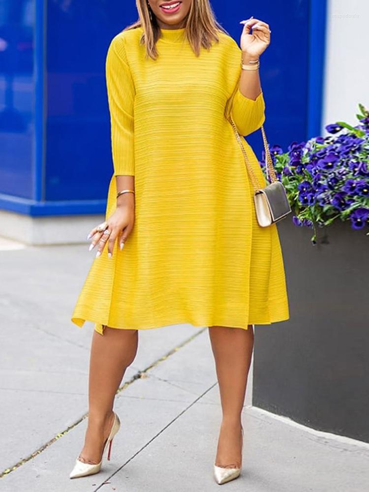 

Casual Dresses Ovrsized Sexy Midi Dress VONDA 2022 Women Sundress Round Neck Solid Pleated 3/4 Sleeve Vestidos Femme, Green