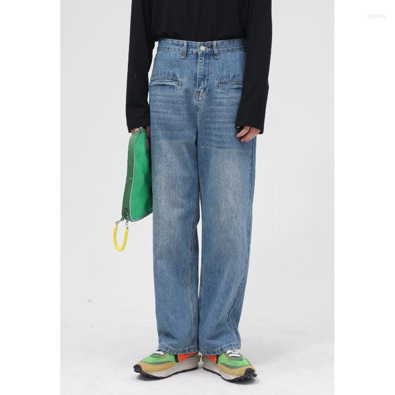 

Men' Jeans High Quality Korean Loose Denim Pants Personality Straight Simple Waist Wash Casual Men, Light blue